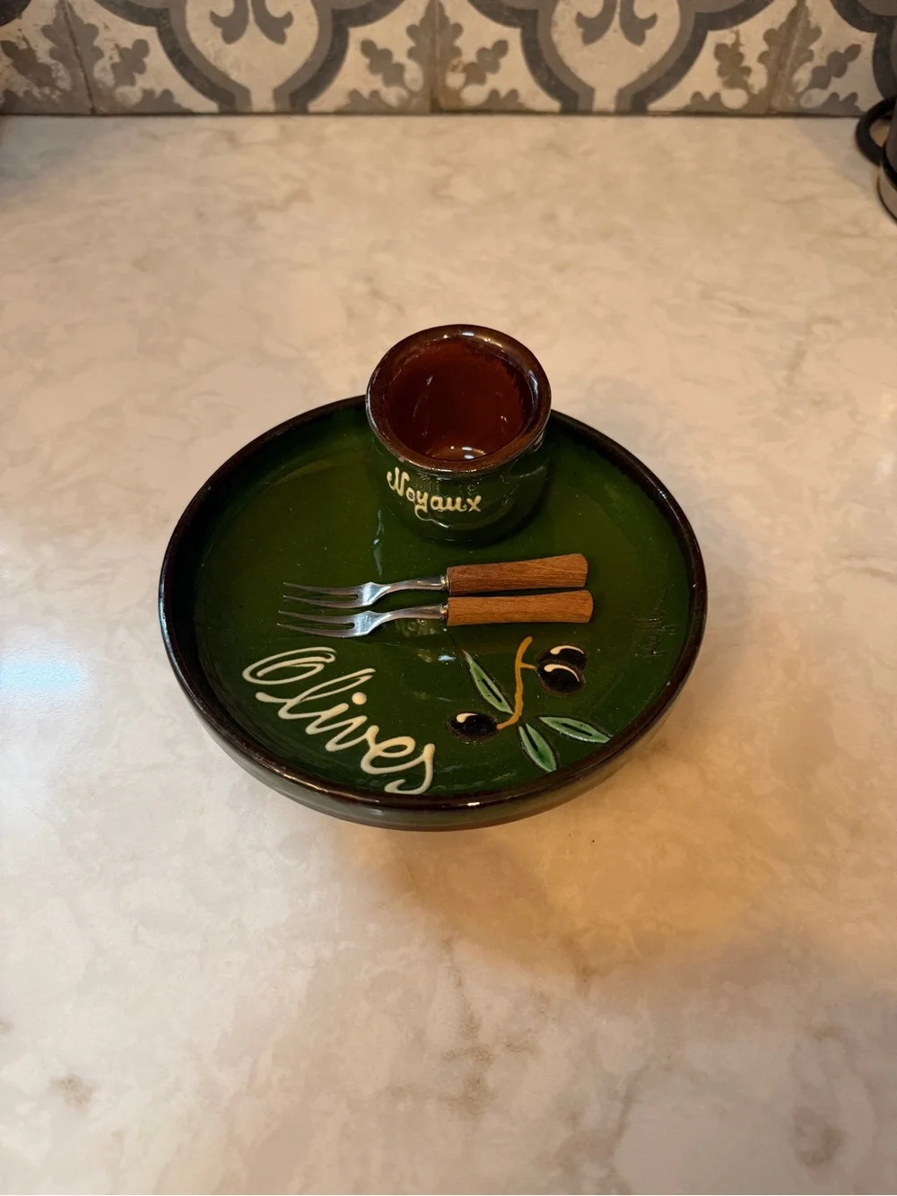 VINTAGE POTTERY- Green Olive Serving Dish with Tooth Pick Cup & Wooden Forks